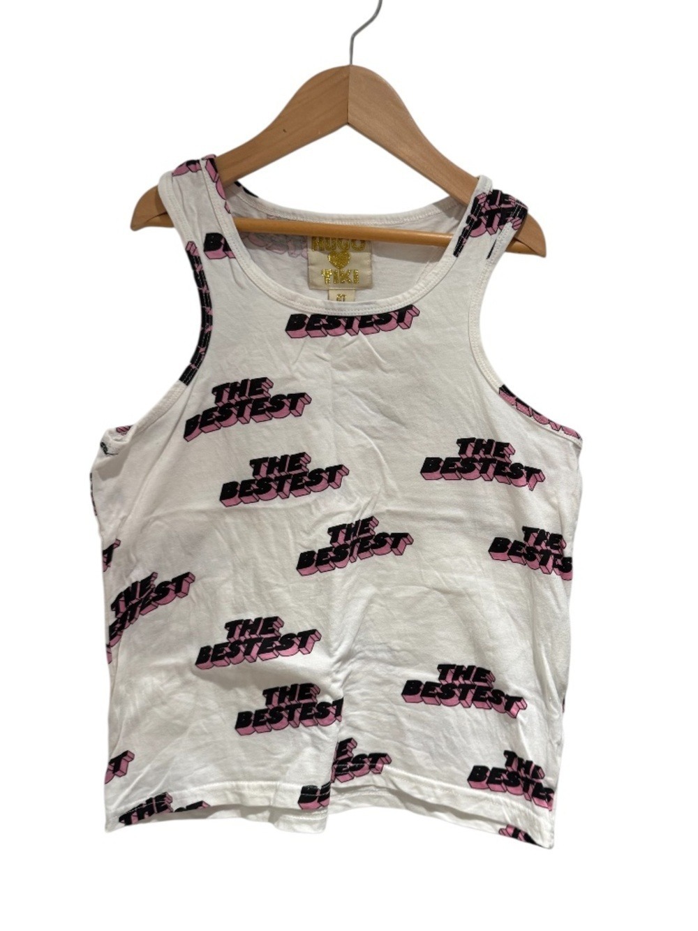 HUGO LOVES TIKI “The Bestest” print white & pink racerback tank top - size 8
